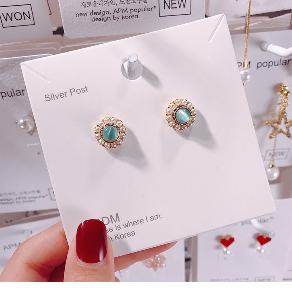 💙💕💕Last oneGreen Cat Eye Stone Style Pearl Stud Earrings - Picture 4 of 13